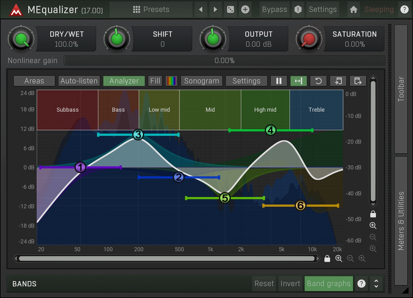 MeldaProduction MEqualizer アナライザーとソノグラムで帯域を見ながら整える